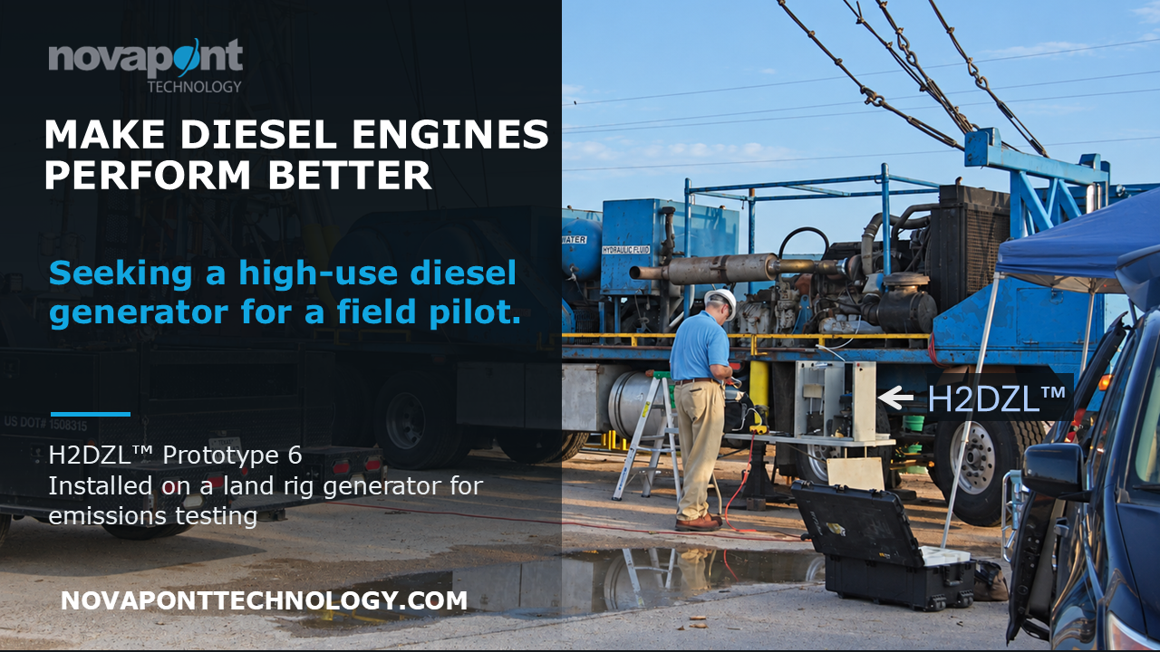 2DZL Prototype 6, the small gray enclosure mounted beside a large diesel generator during land-rig emissions testing.